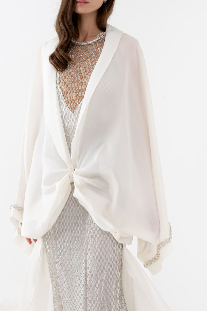 Silk Bridal Cape with Bow Crystals and Train