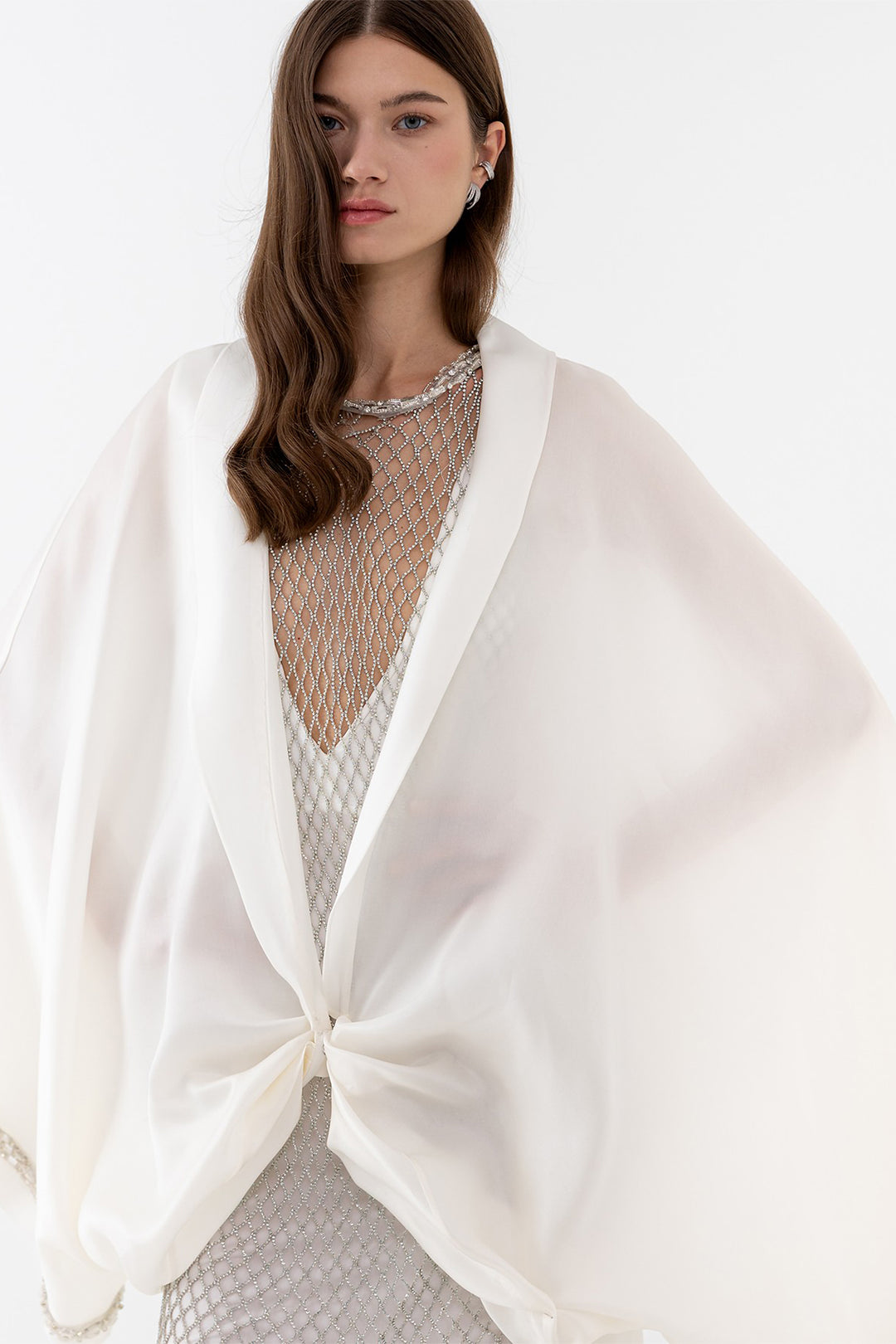 Silk Bridal Cape with Bow Crystals and Train