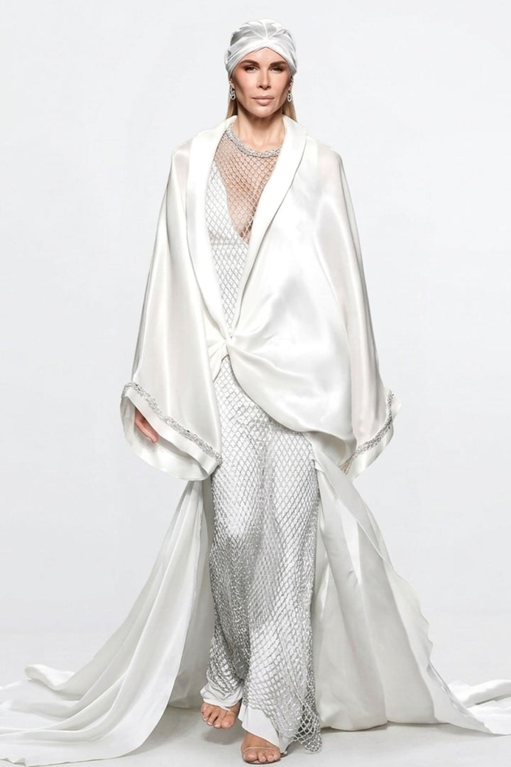 Silk Bridal Cape with Bow Crystals and Train