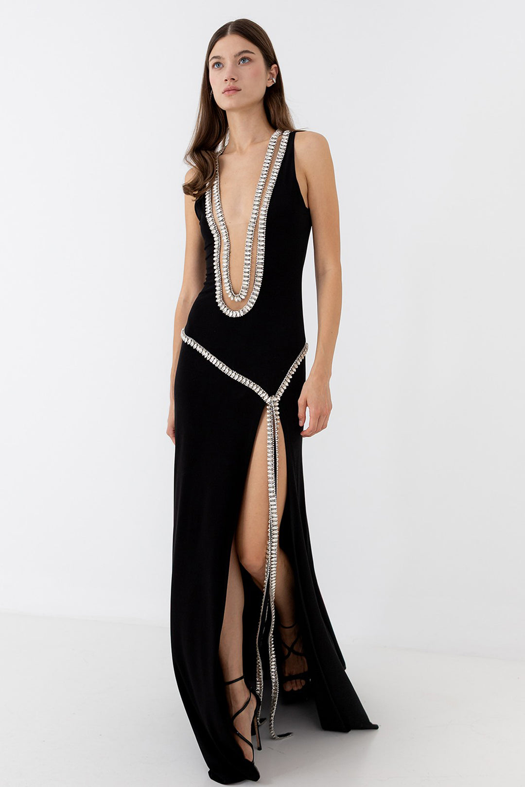 Long Dress with Crystal Trim and Slit