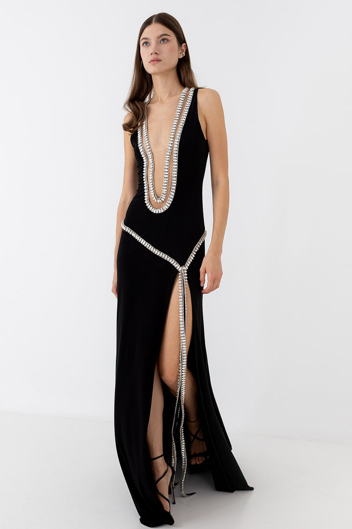 Long Dress with Crystal Trim and Slit