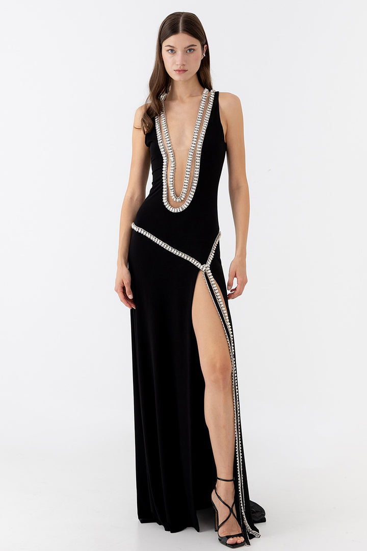 Long Dress with Crystal Trim and Slit