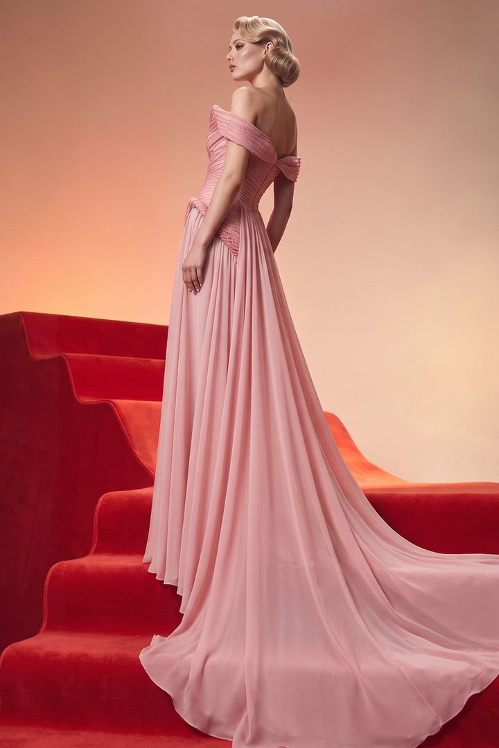 Satin Bodice Dress with Off-The-Shoulder Draped Neckline