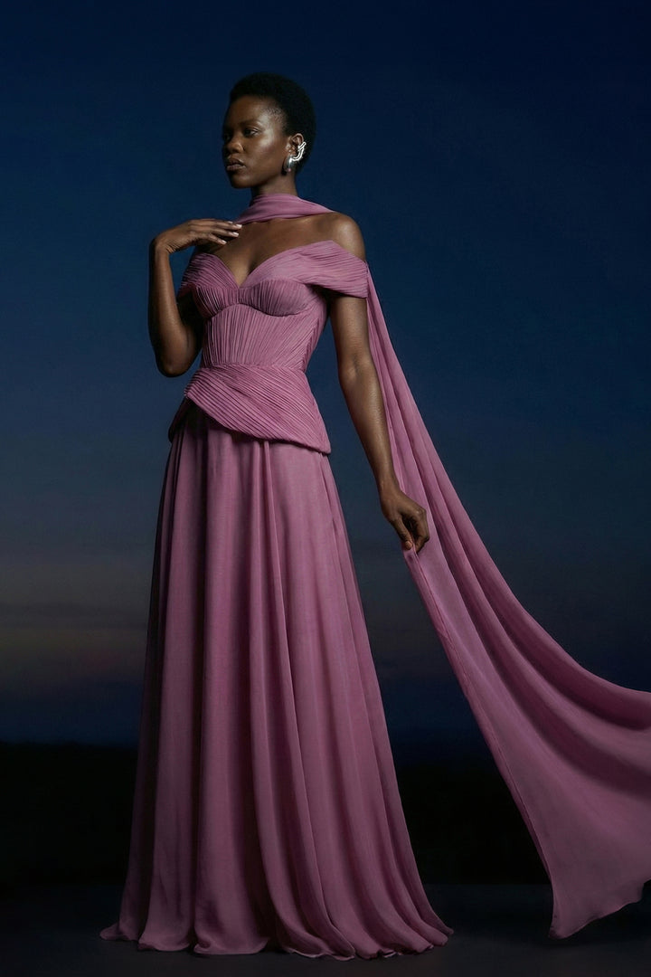 Off-The-Shoulder Draped Dress with Sculptural Waist