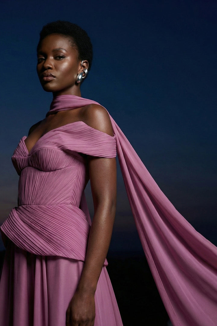 Off-The-Shoulder Draped Dress with Sculptural Waist