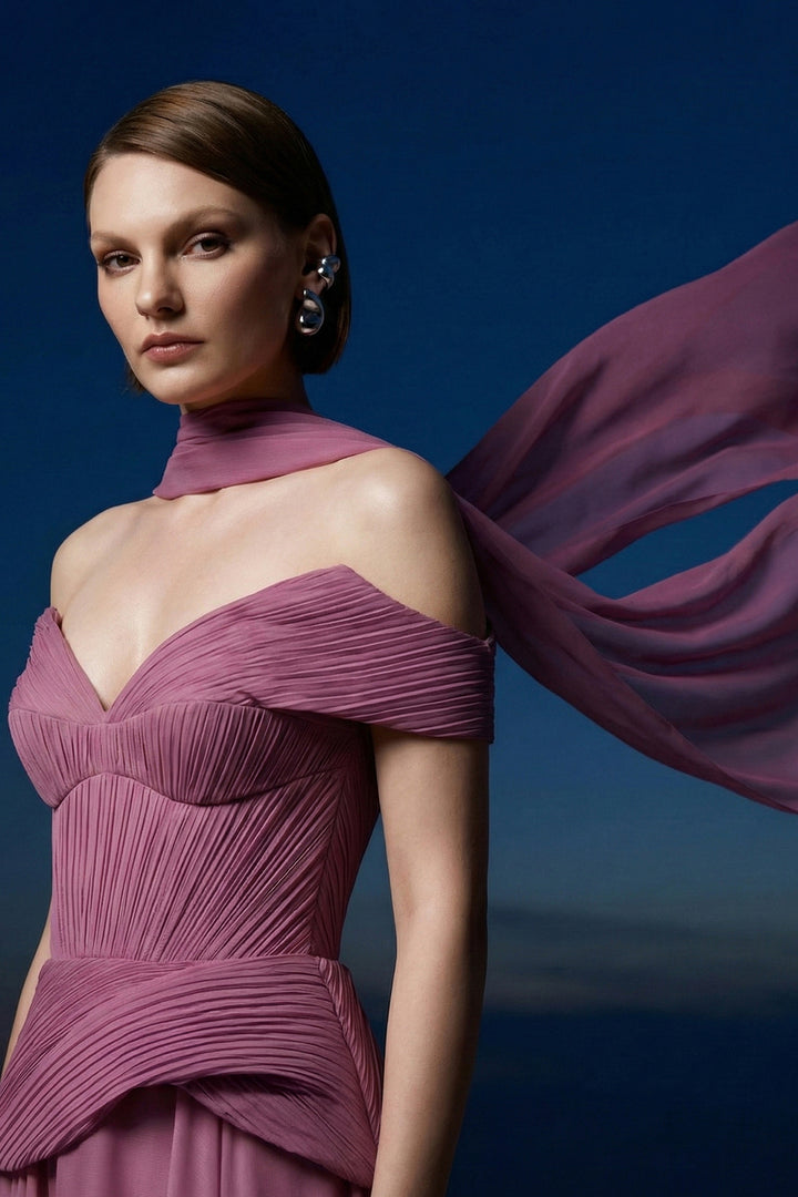 Off-The-Shoulder Draped Dress with Sculptural Waist