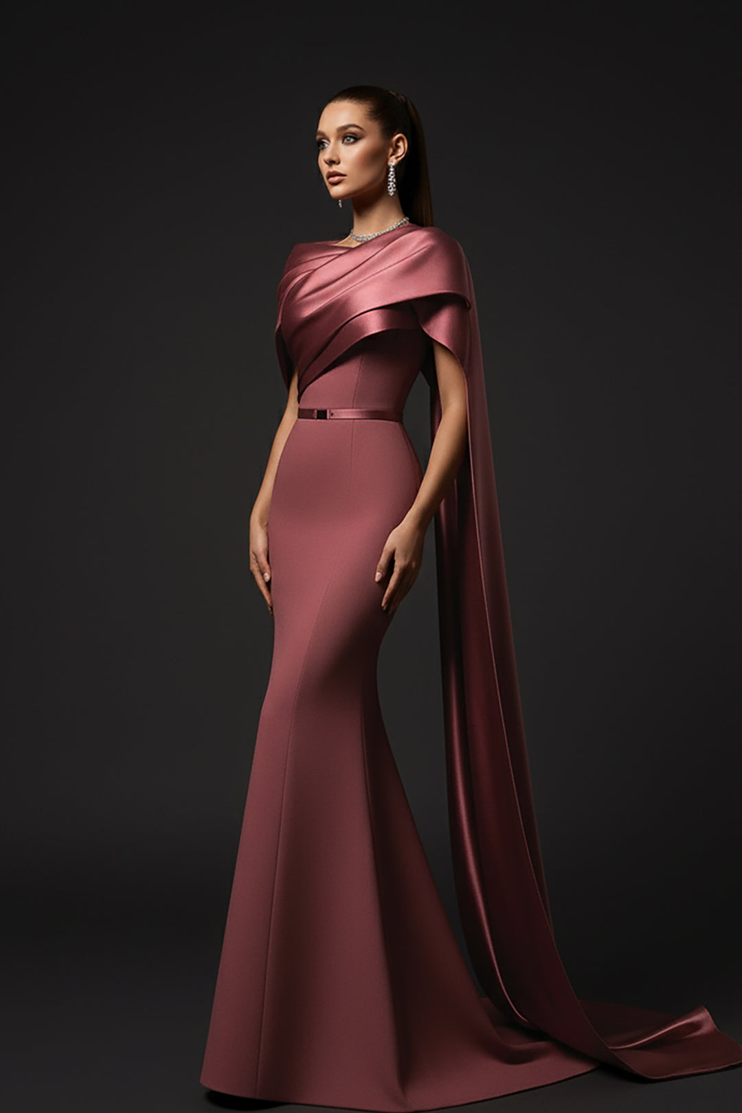 Asymmetric Off-The-Shoulder Crepe Dress with Layered Draping