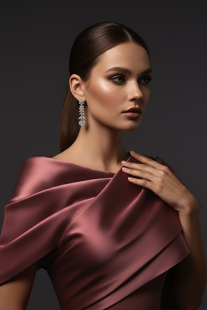 Asymmetric Off-The-Shoulder Crepe Dress with Layered Draping