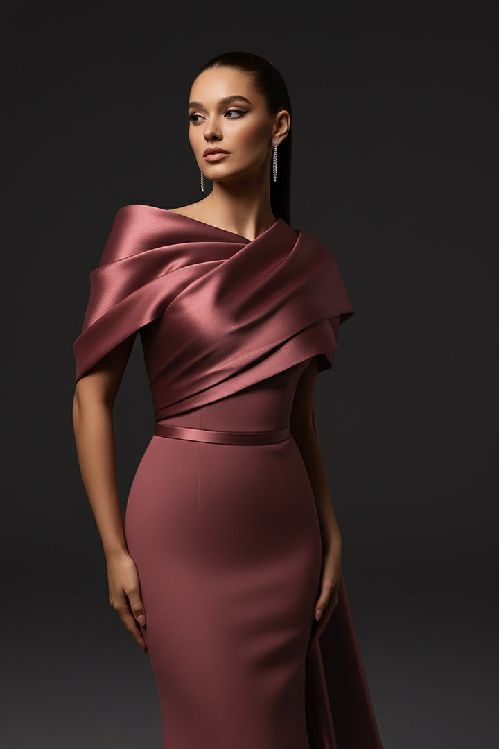 Asymmetric Off-The-Shoulder Crepe Dress with Layered Draping