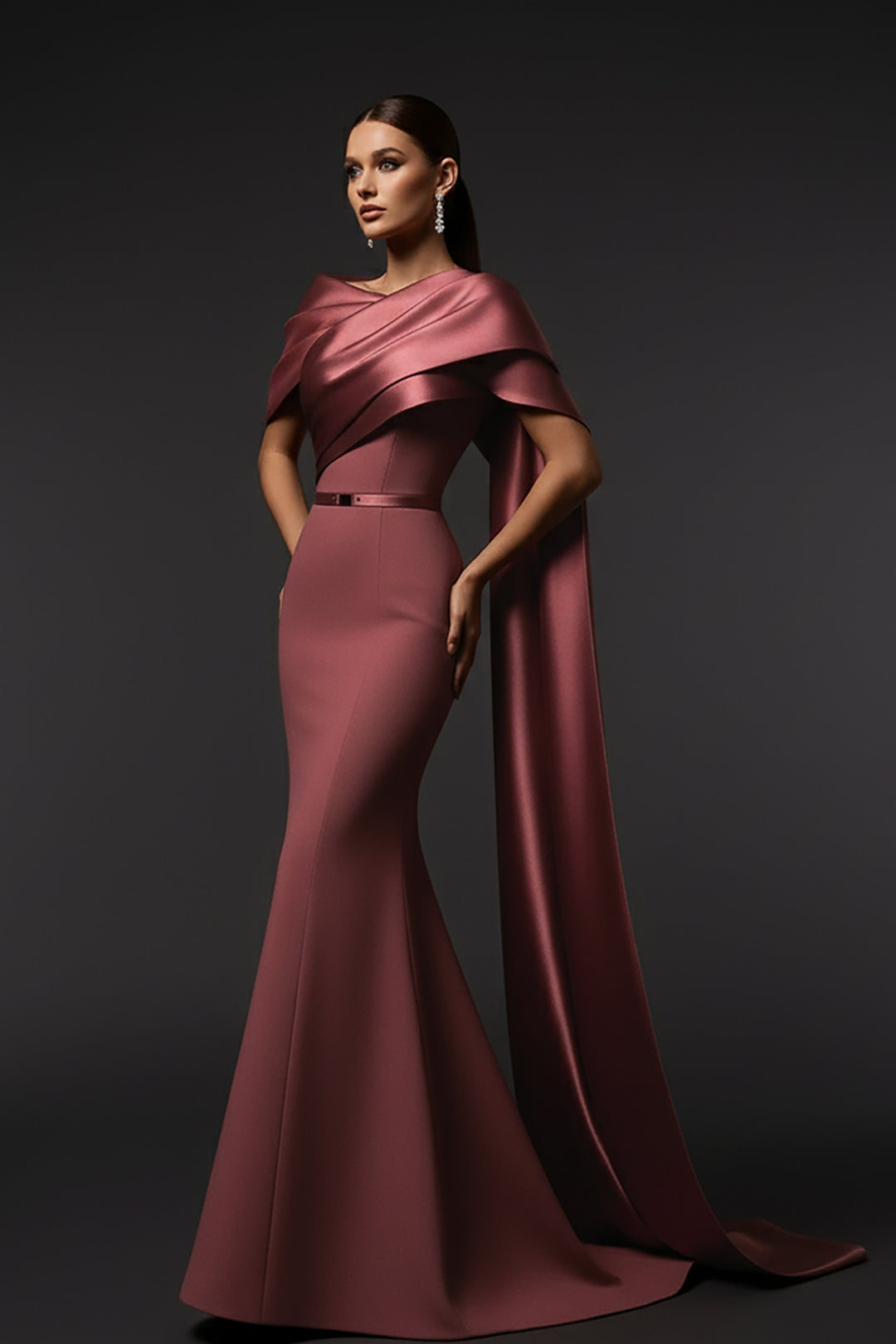 Asymmetric Off-The-Shoulder Crepe Dress with Layered Draping