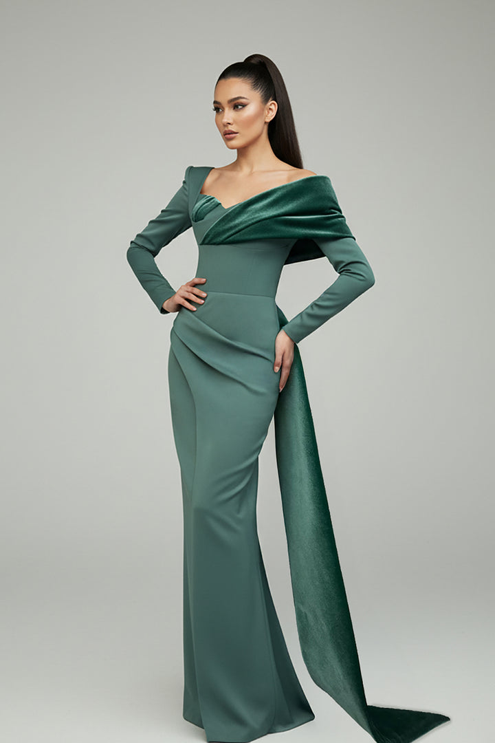 Velvet Detail Crepe Dress with Asymmetric Neckline