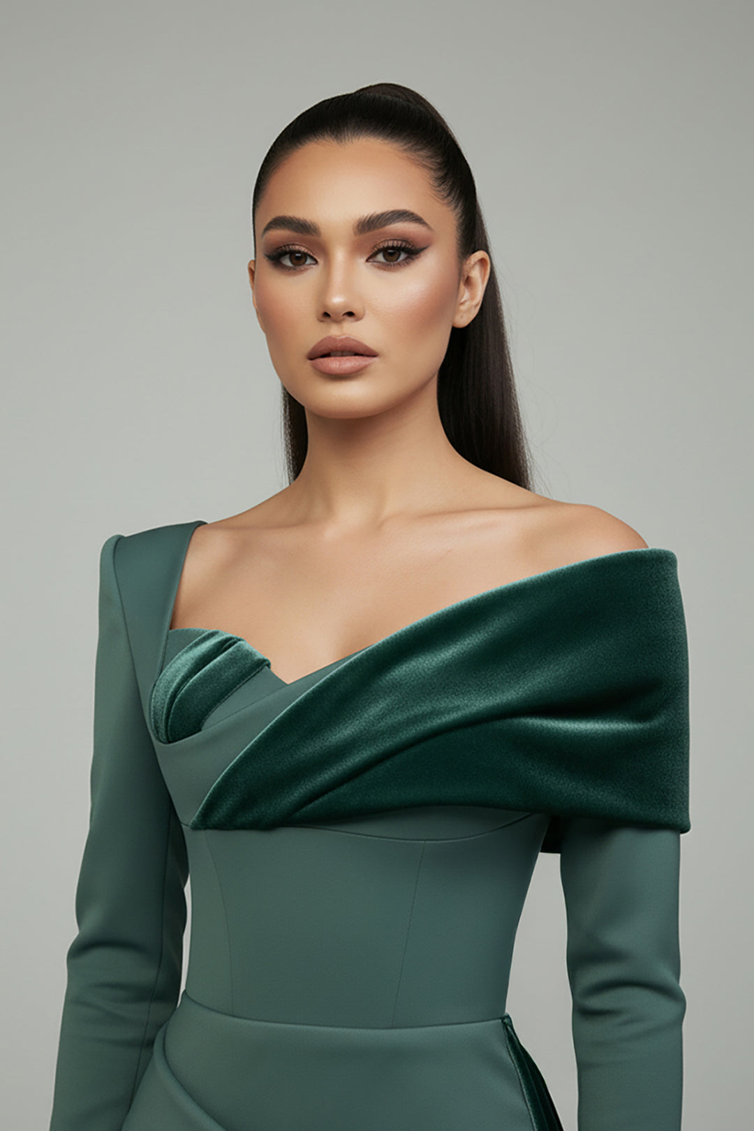 Velvet Detail Crepe Dress with Asymmetric Neckline