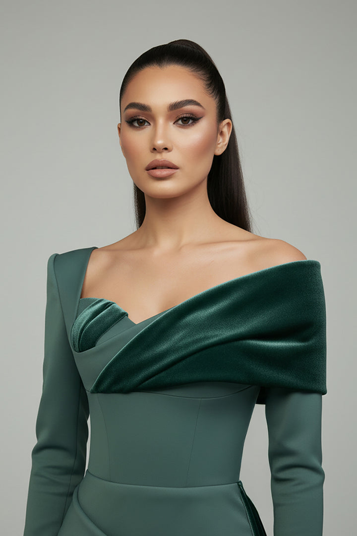 Velvet Detail Crepe Dress with Asymmetric Neckline