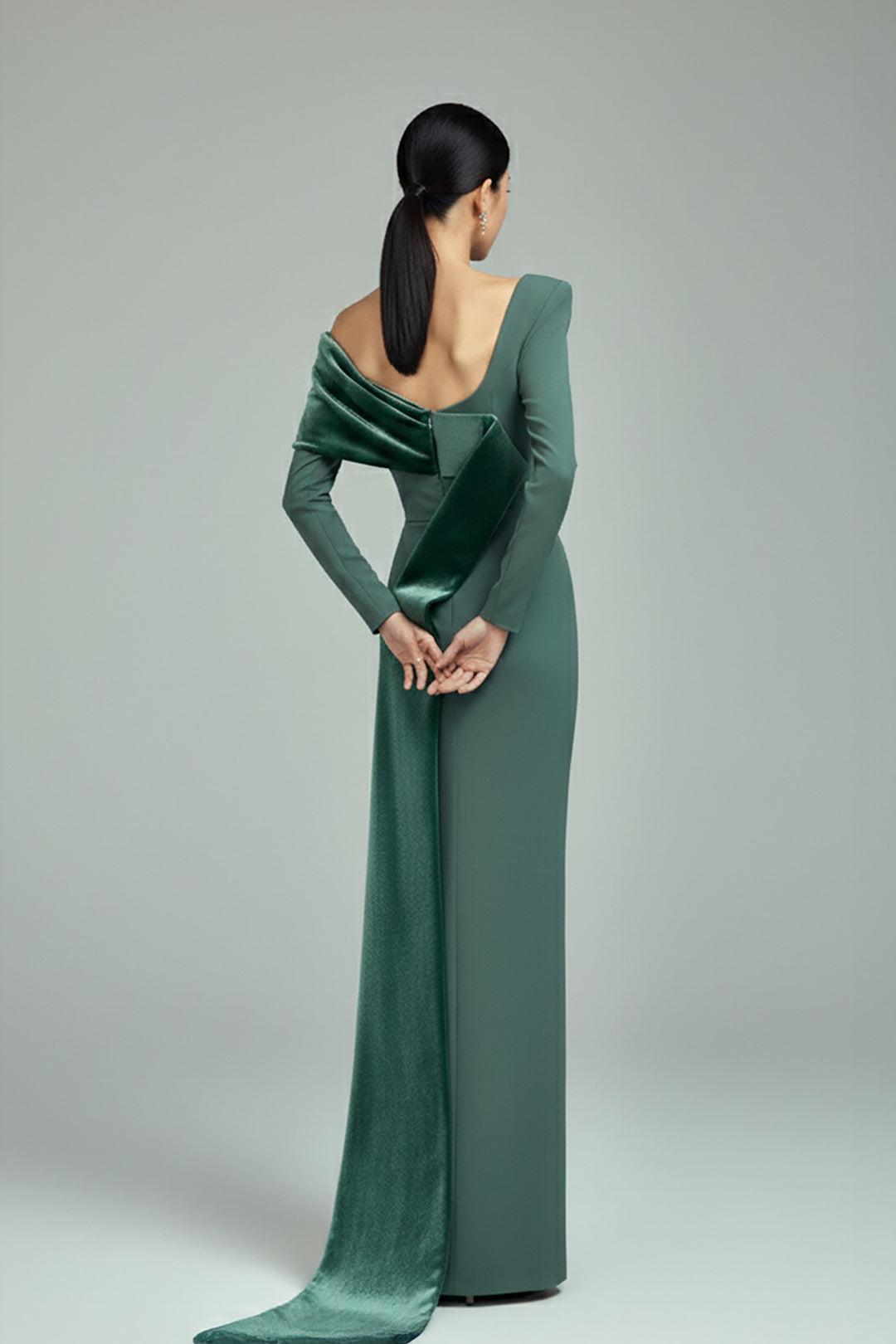 Velvet Detail Crepe Dress with Asymmetric Neckline