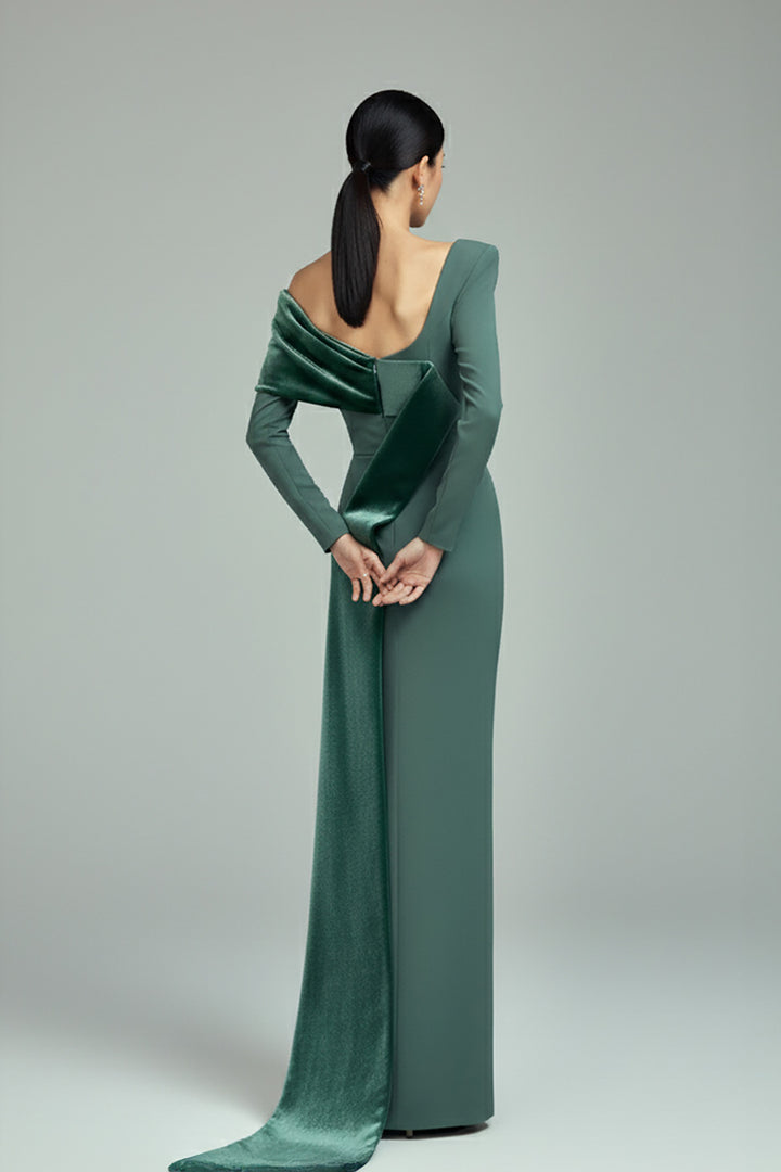 Velvet Detail Crepe Dress with Asymmetric Neckline