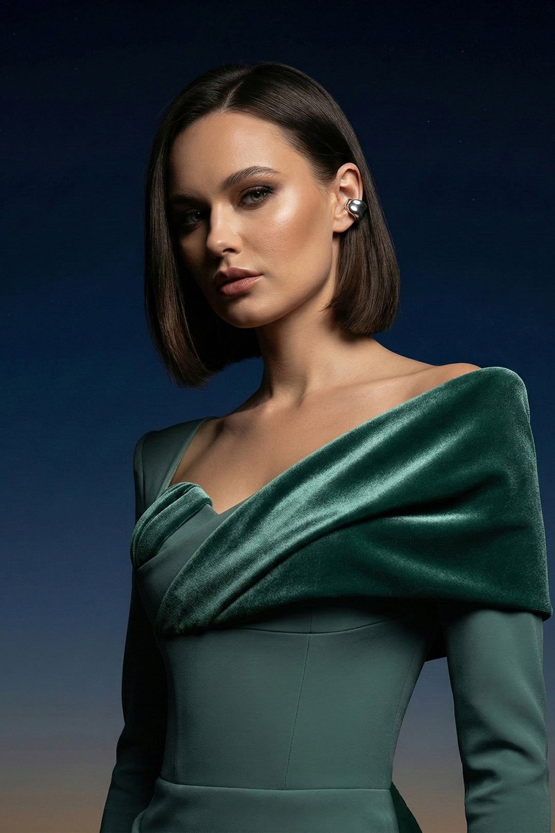 Velvet Detail Crepe Dress with Asymmetric Neckline