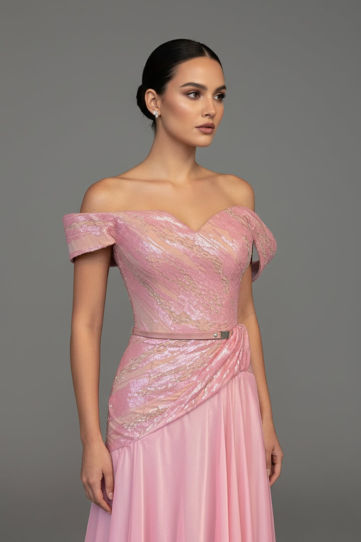 Sequin-Embroidered Tulle Dress with Satin Belt
