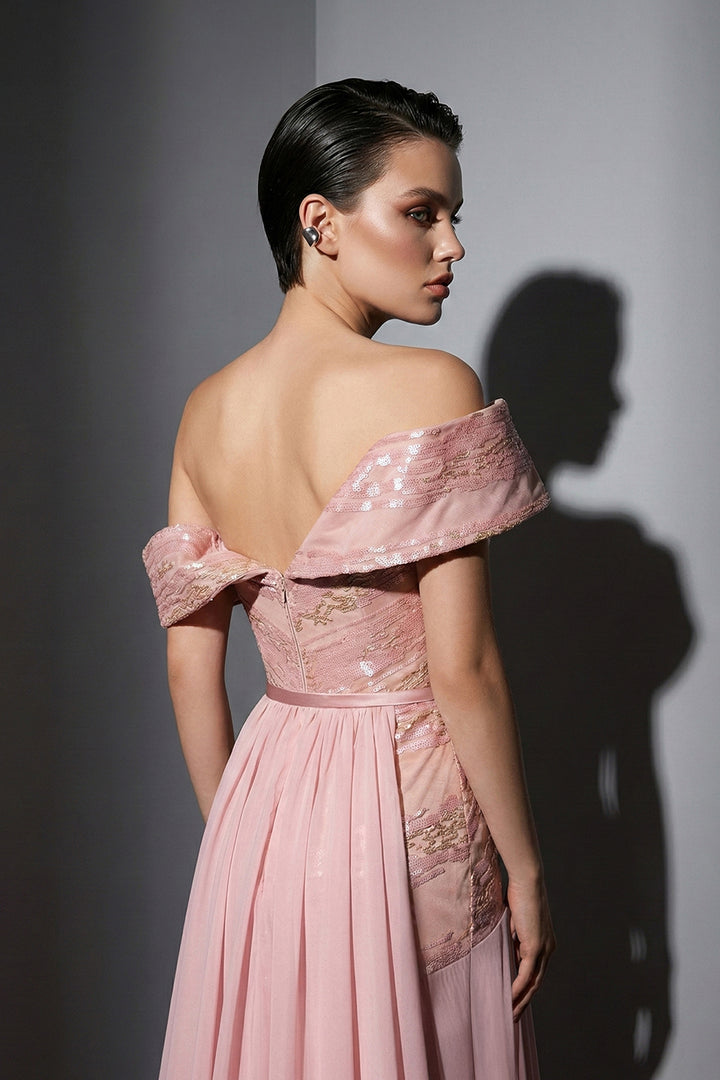 Sequin-Embroidered Tulle Dress with Satin Belt