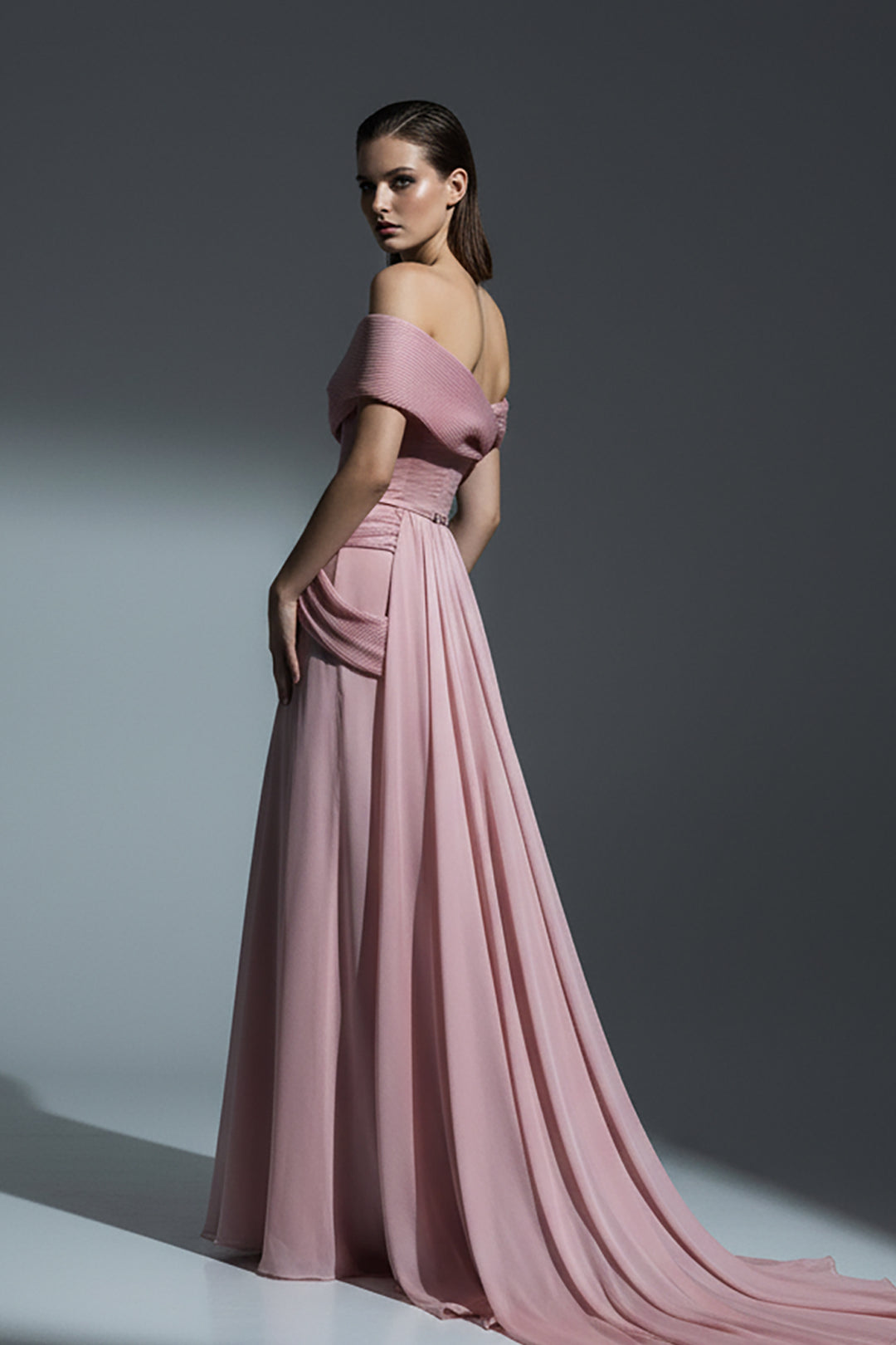 Off-The-Shoulder Crepe Dress with Draped Neckline