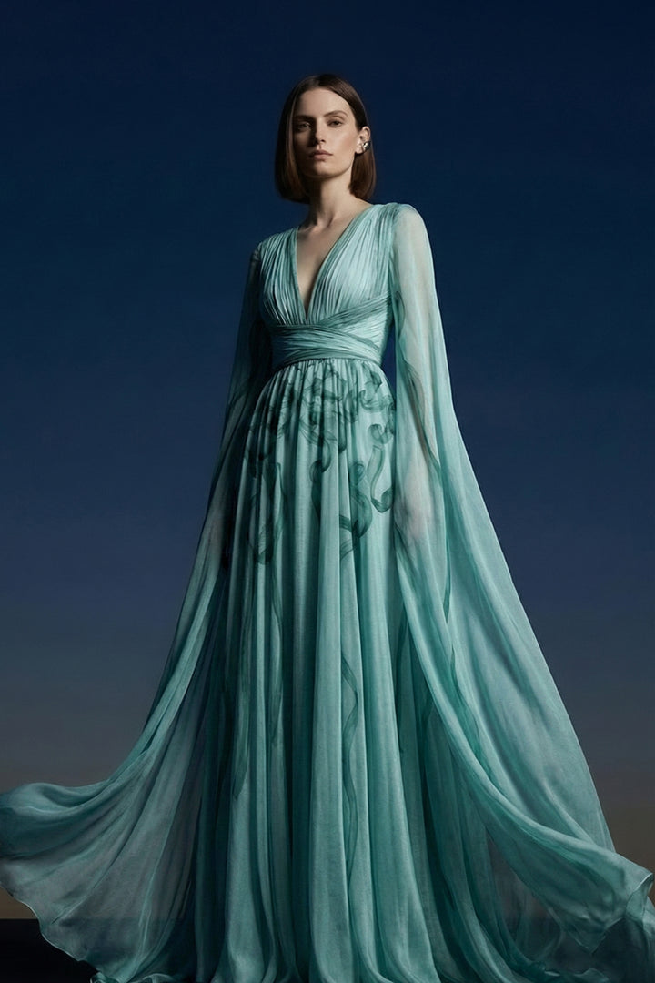 A-Line Floor-Length Dress with Cape Overlay