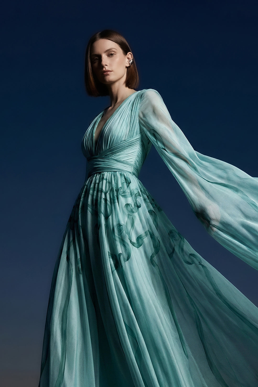 A-Line Floor-Length Dress with Cape Overlay