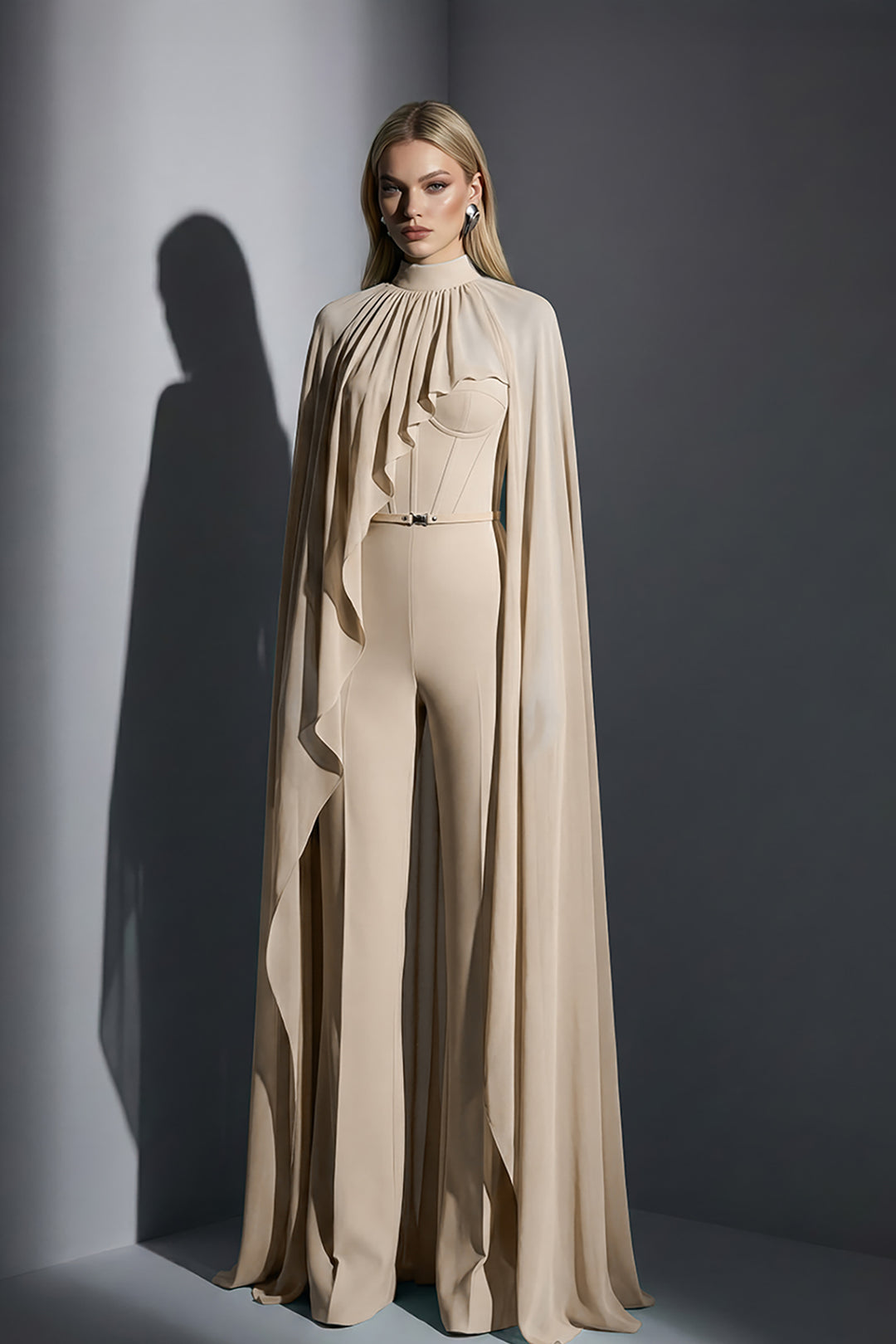 Jumpsuit with Cape Overlay and Defined Waist