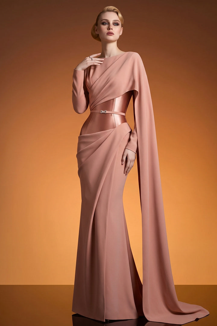 Long Satin Dress with Asymmetrical Draping and Cape