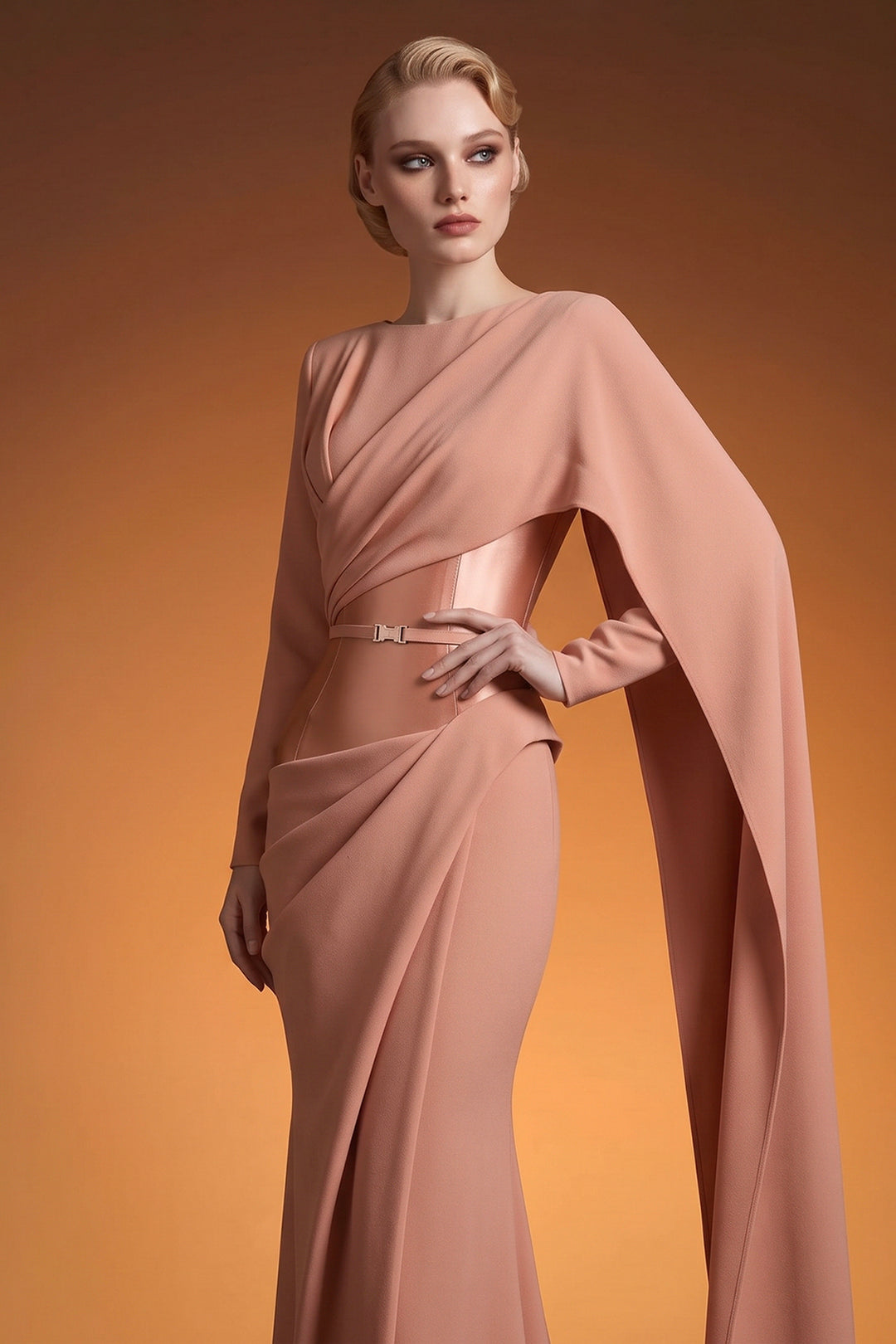 Long Satin Dress with Asymmetrical Draping and Cape