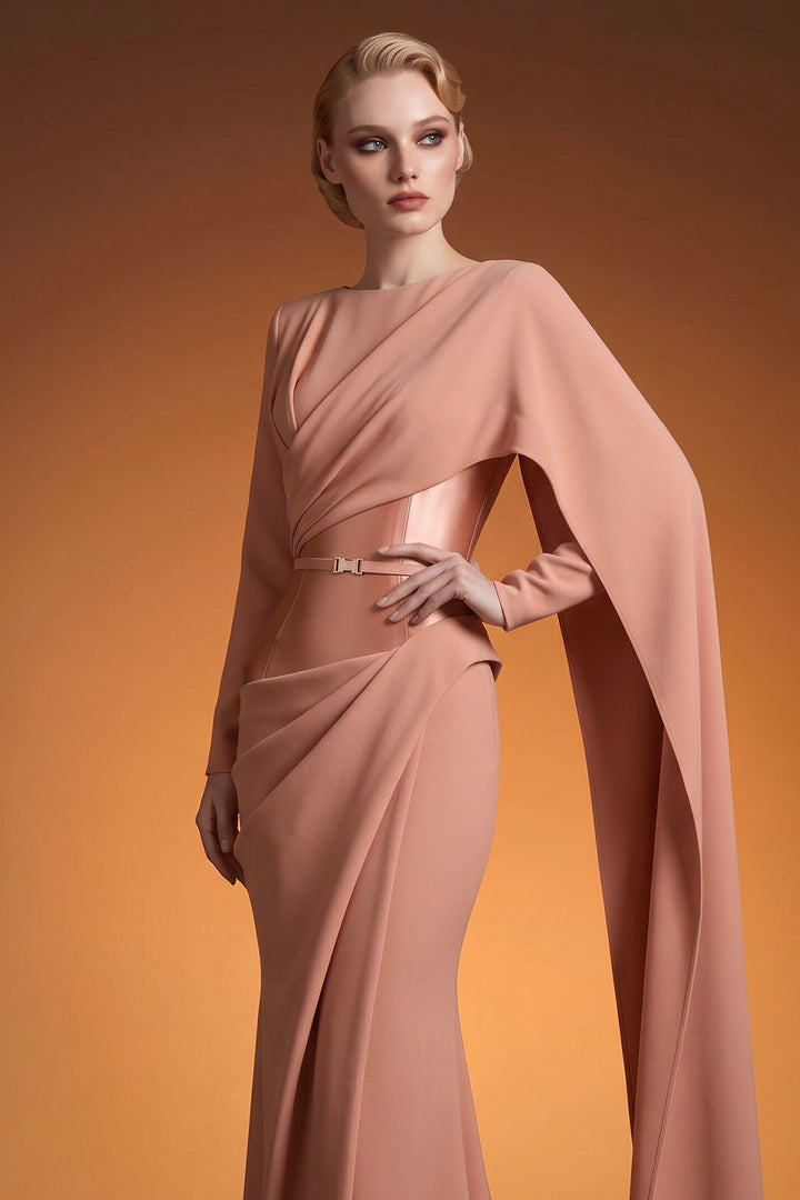 Long Satin Dress with Asymmetrical Draping and Cape