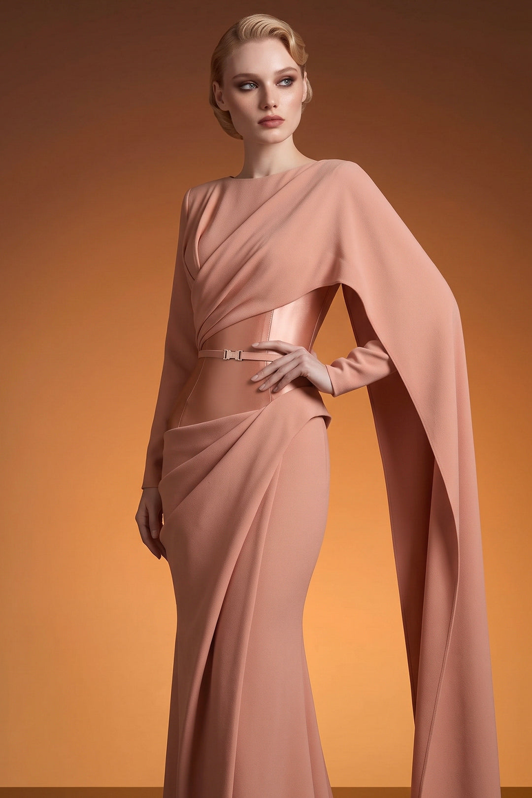 Long Satin Dress with Asymmetrical Draping and Cape