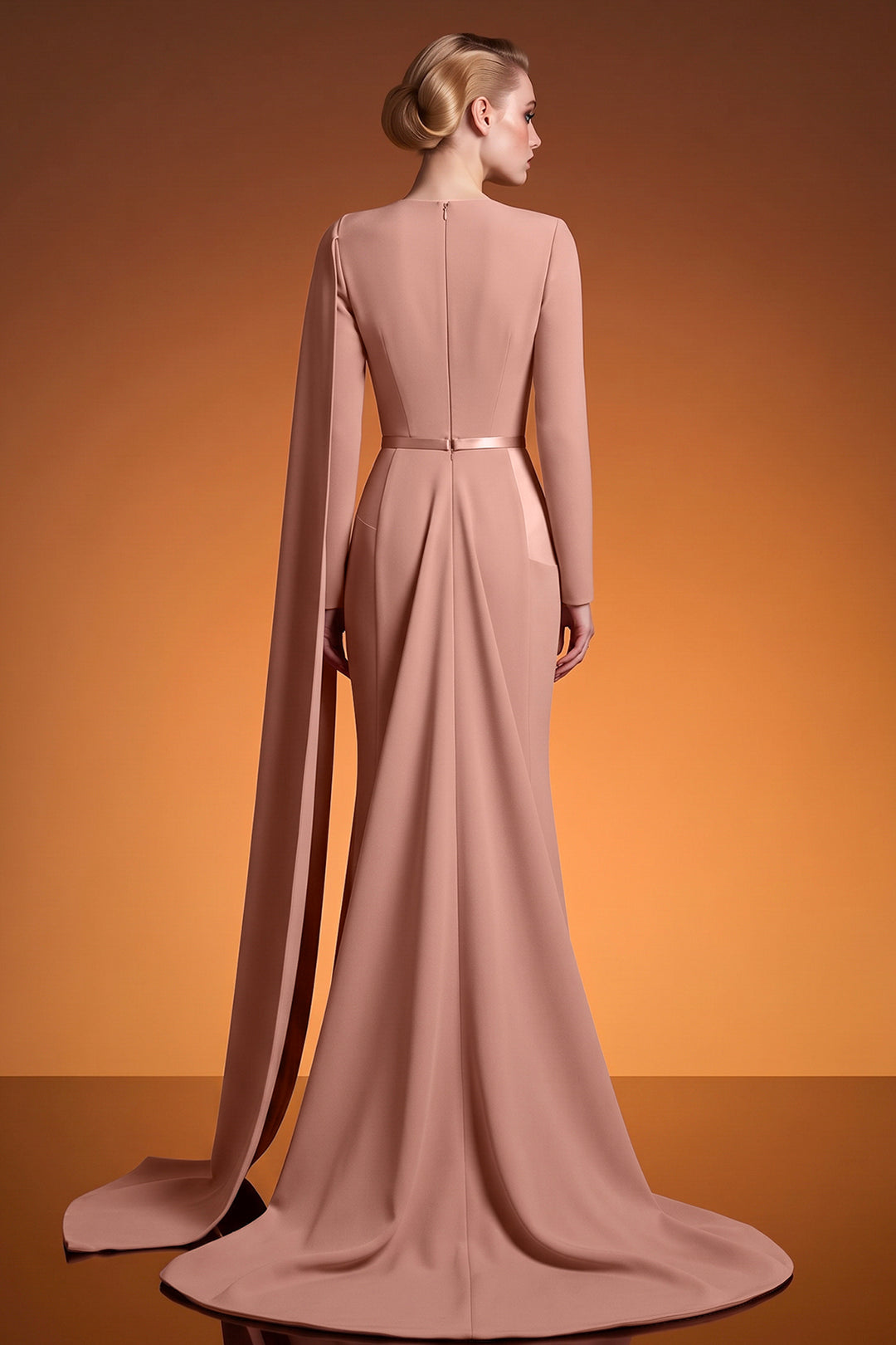 Long Satin Dress with Asymmetrical Draping and Cape