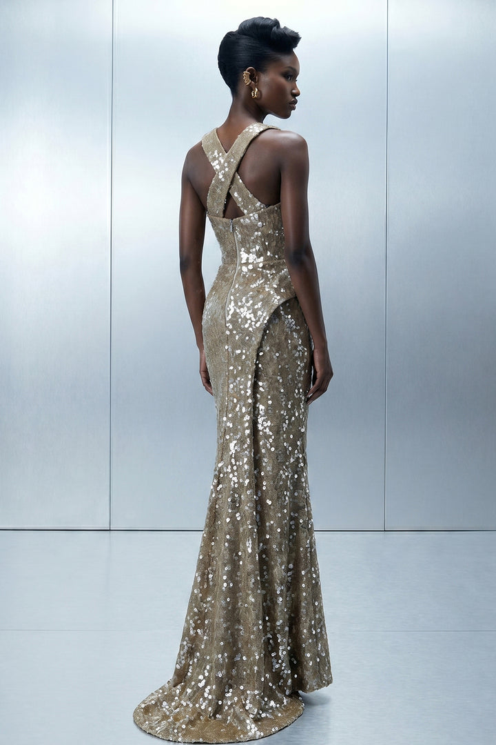 Asymmetrical Column Dress with Architectural Bustier