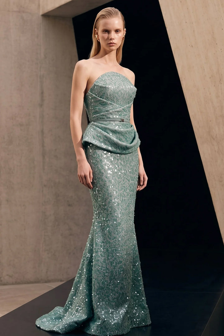 Belted Strapless with Mermaid Long Dress