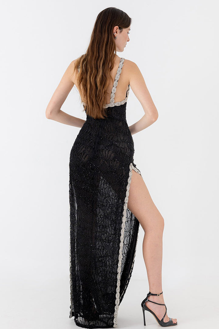 Long Lace Dress with Crystal Straps