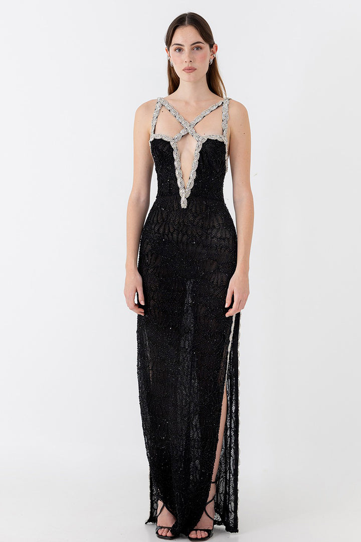 Long Lace Dress with Crystal Straps