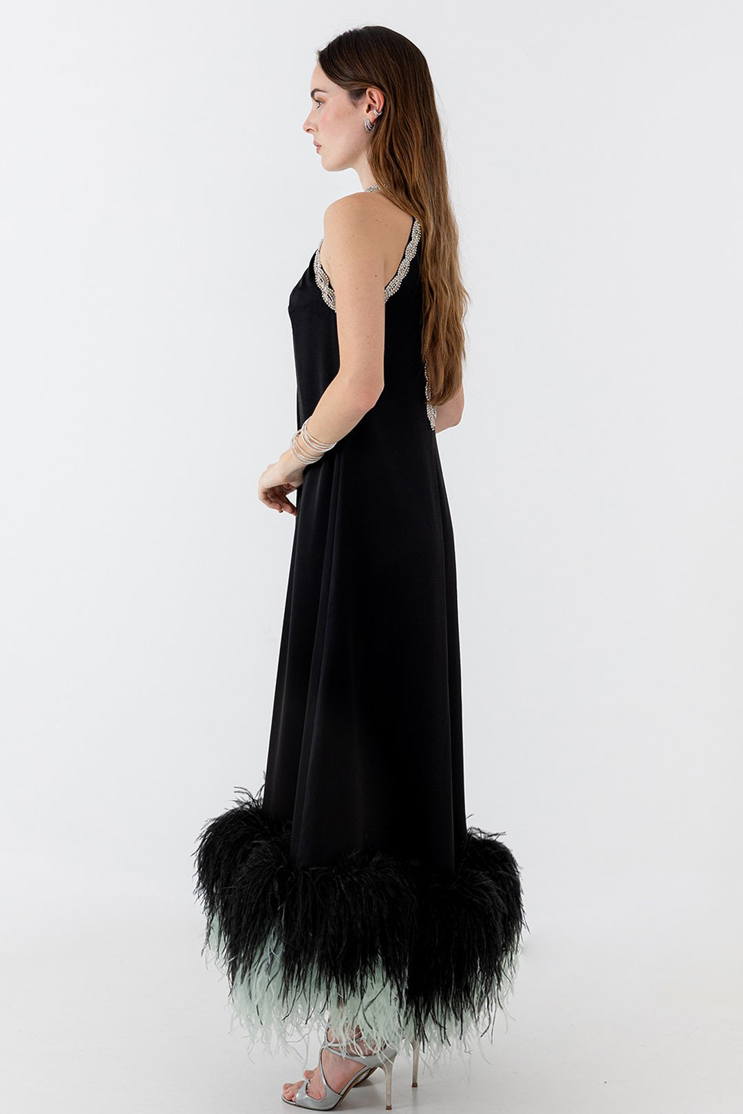 Dress with Crystal and Feather Embroidery