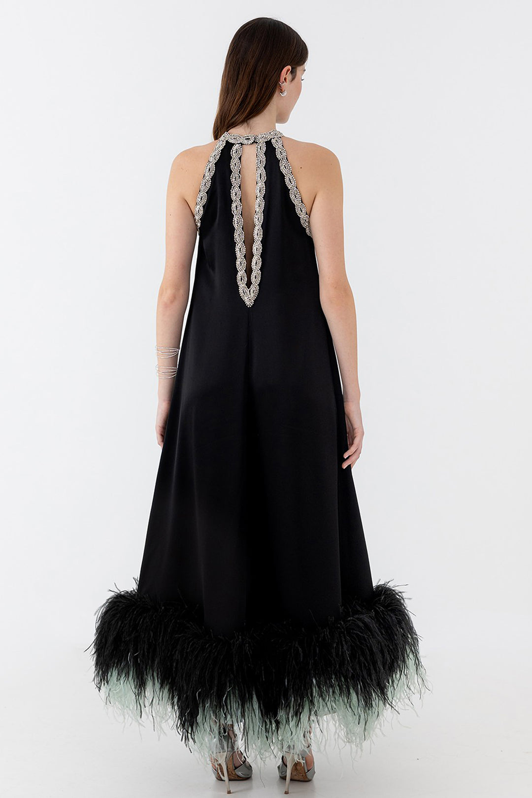 Dress with Crystal and Feather Embroidery