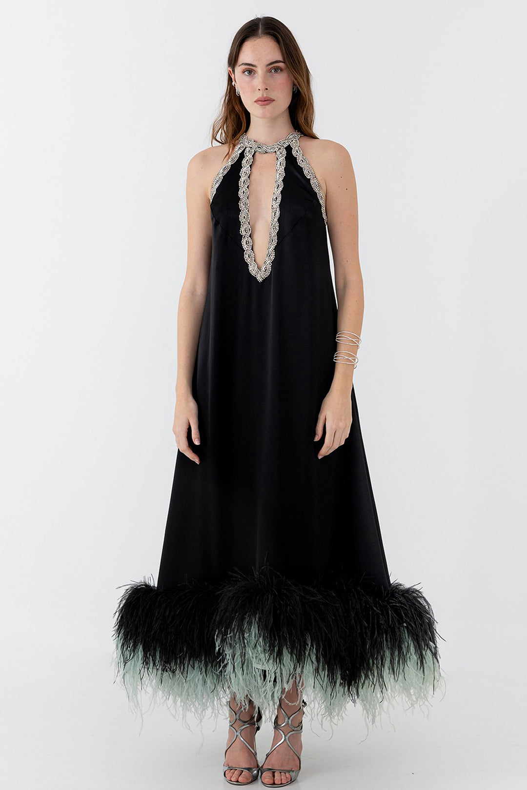 Dress with Crystal and Feather Embroidery