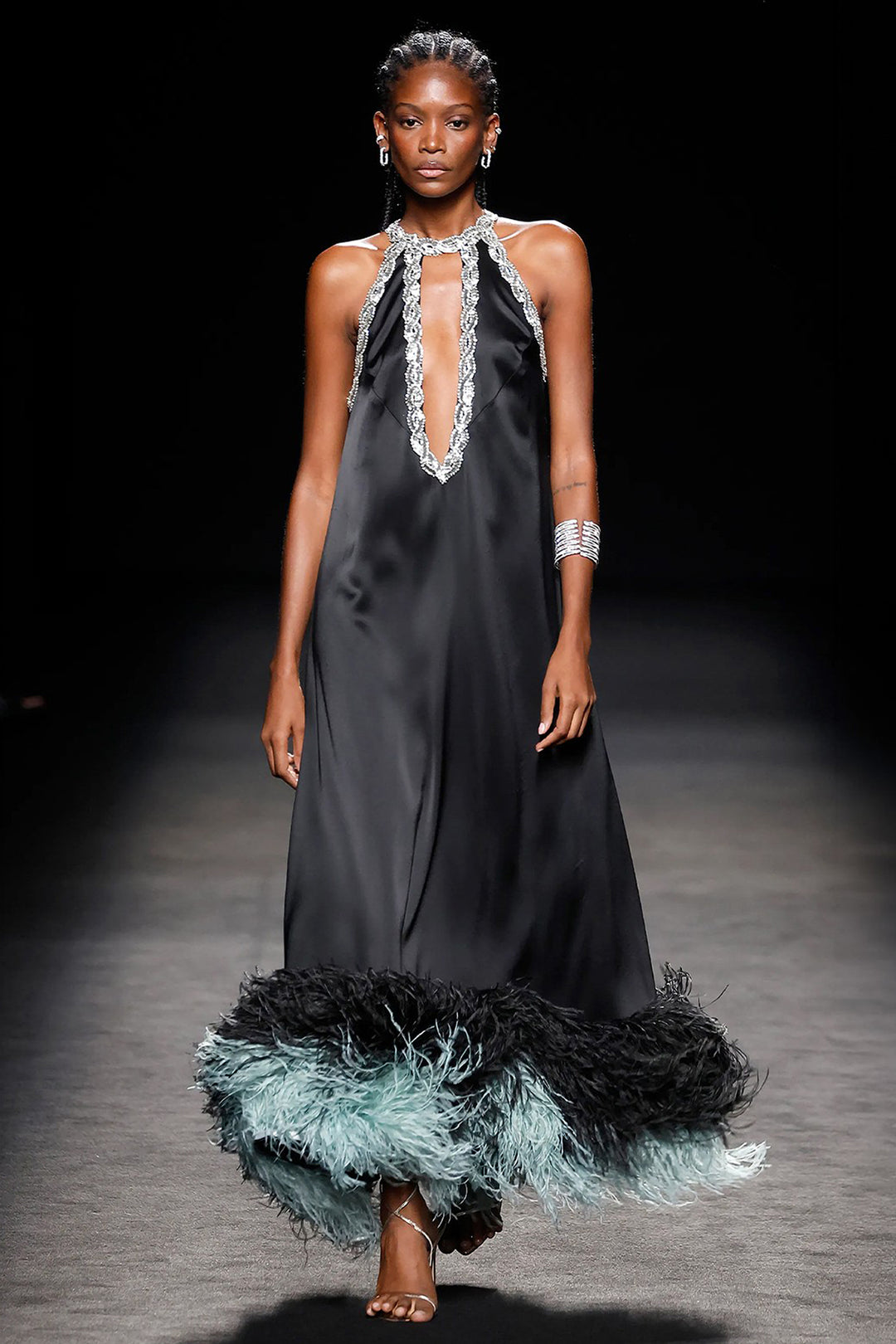 Dress with Crystal and Feather Embroidery