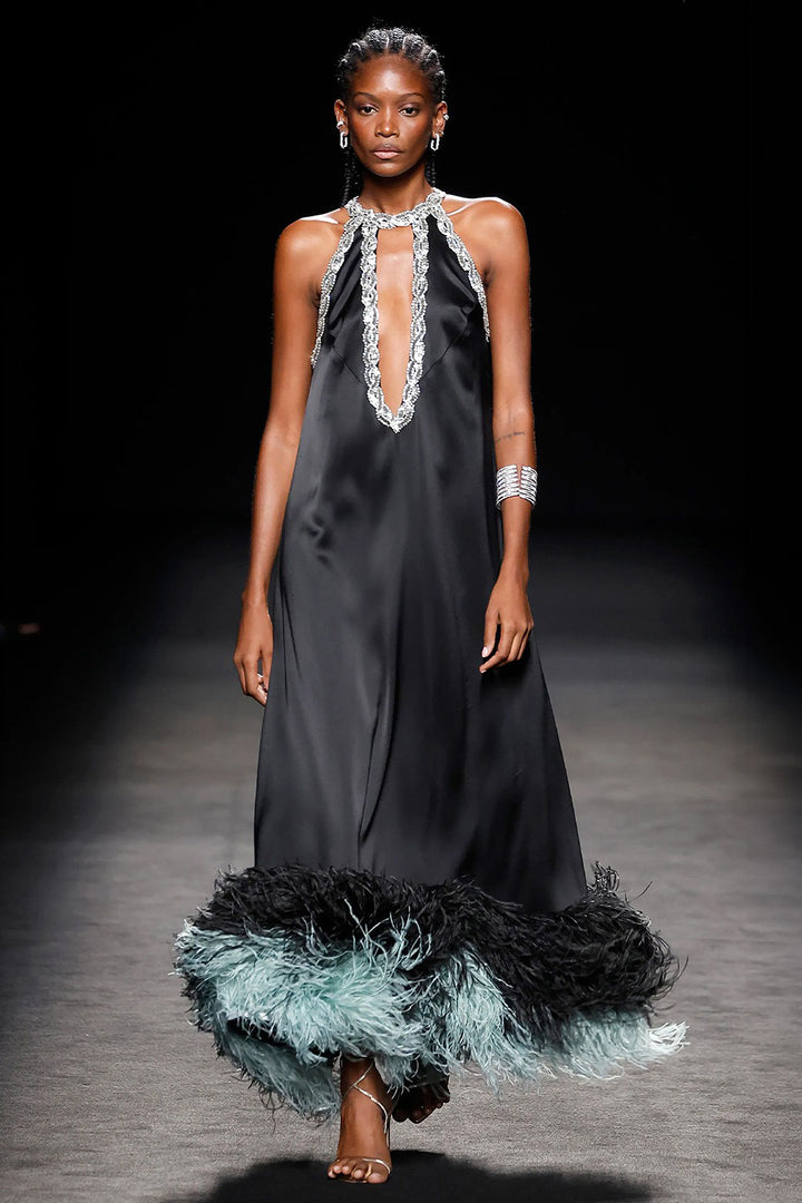 Dress with Crystal and Feather Embroidery