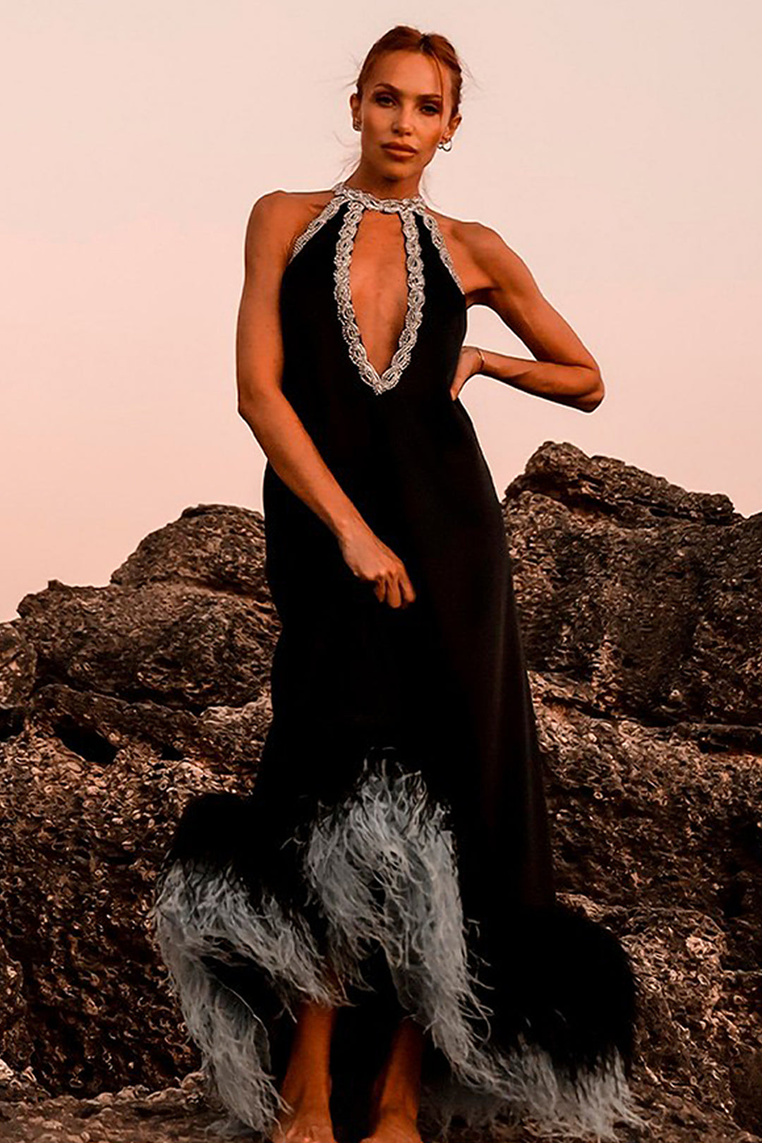 Dress with Crystal and Feather Embroidery Dress with Crystal and Feather Embroidery