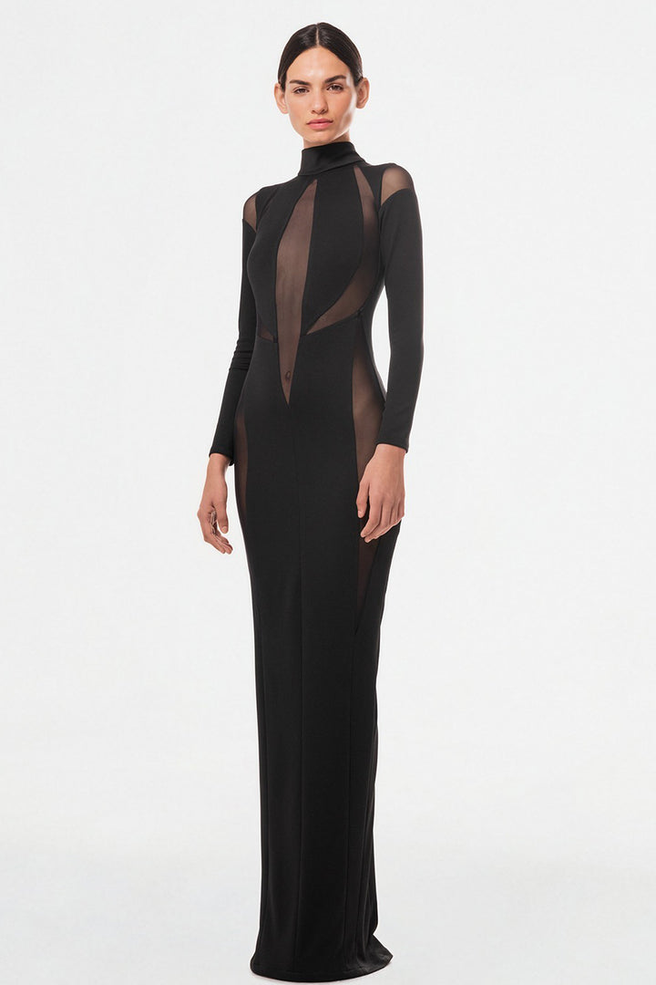 Geometric Column Dress with Sheer Tulle Panels