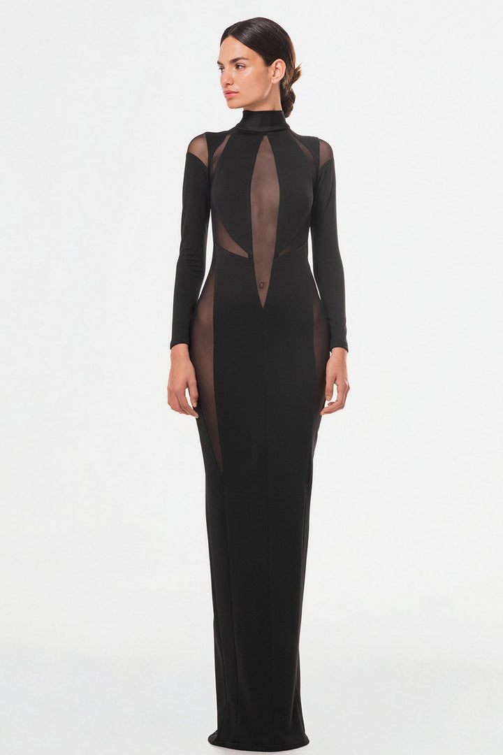 Geometric Column Dress with Sheer Tulle Panels