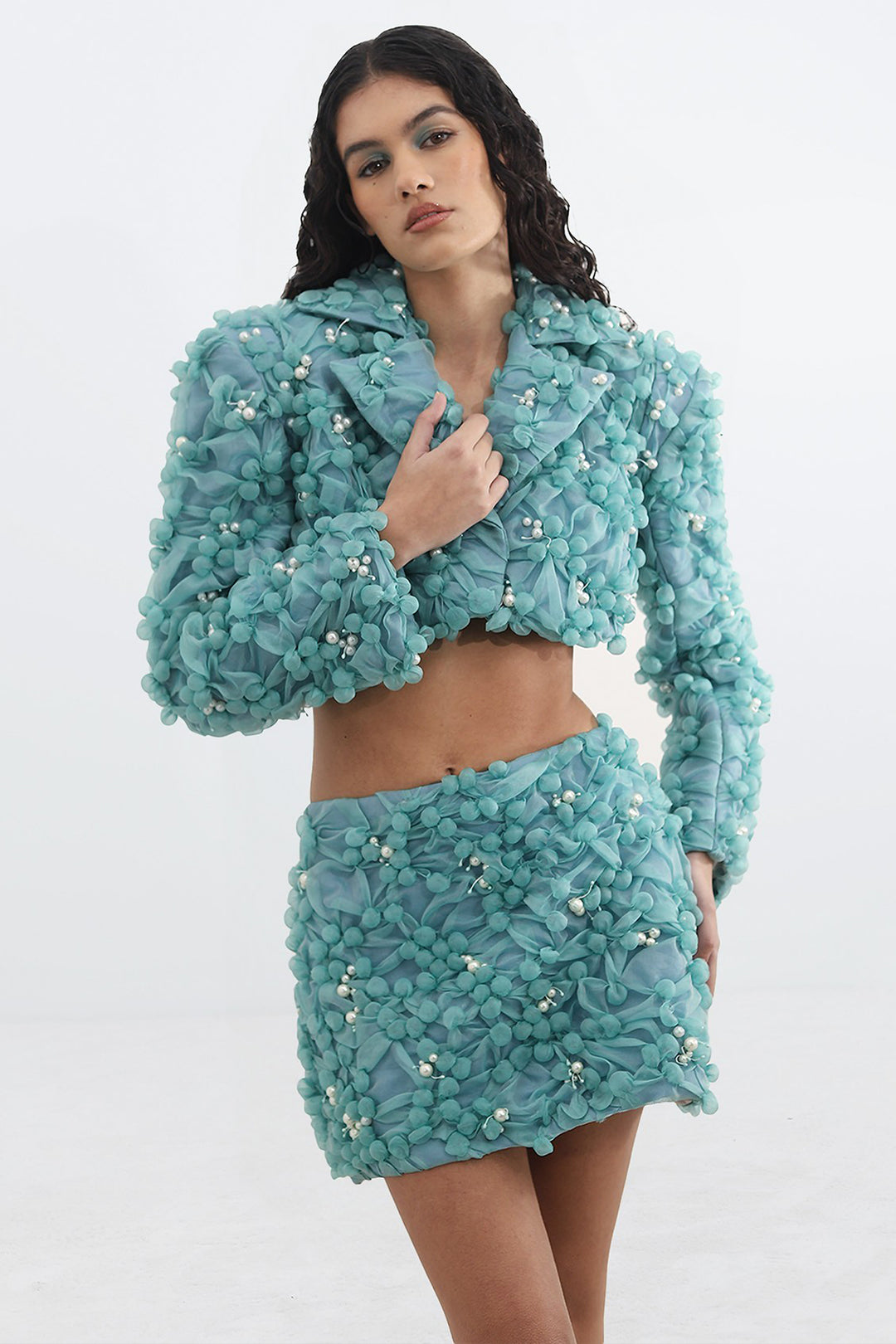 Pearl-Embroidered with Cropped Jacket and Mini Skirt