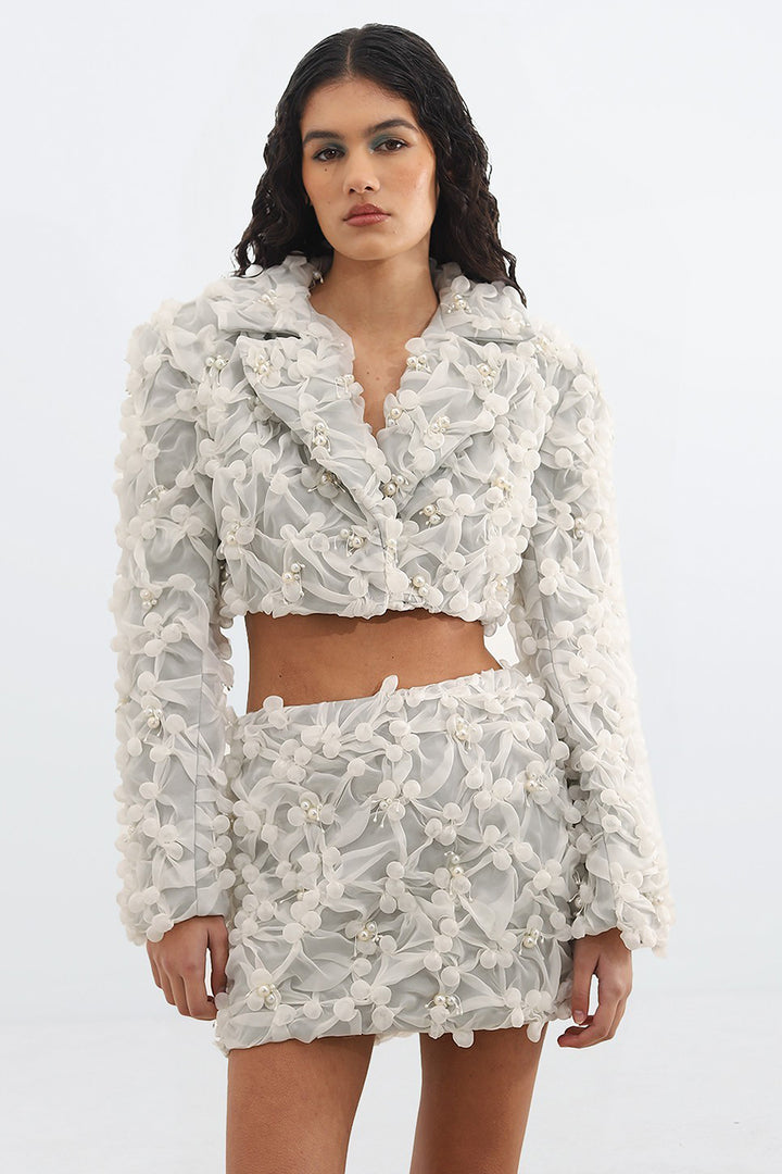 Pearl-Embroidered with Cropped Jacket and Mini Skirt