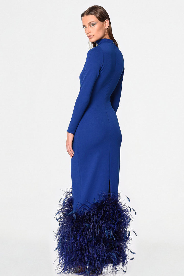 Long Dress with High Neck and Feather Hem