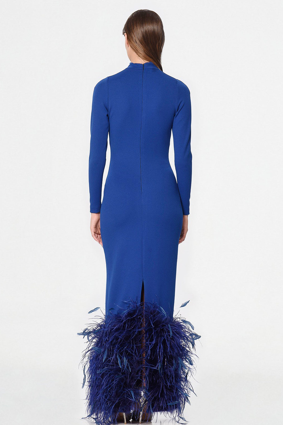 Long Dress with High Neck and Feather Hem