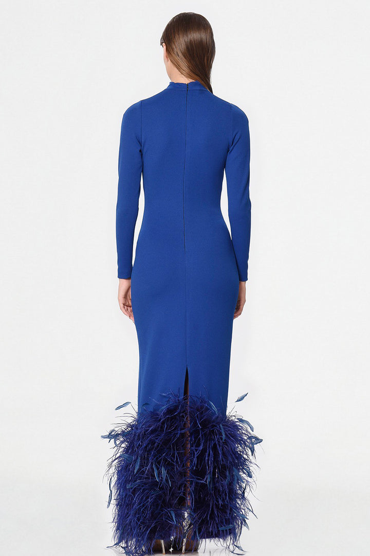 Long Dress with High Neck and Feather Hem