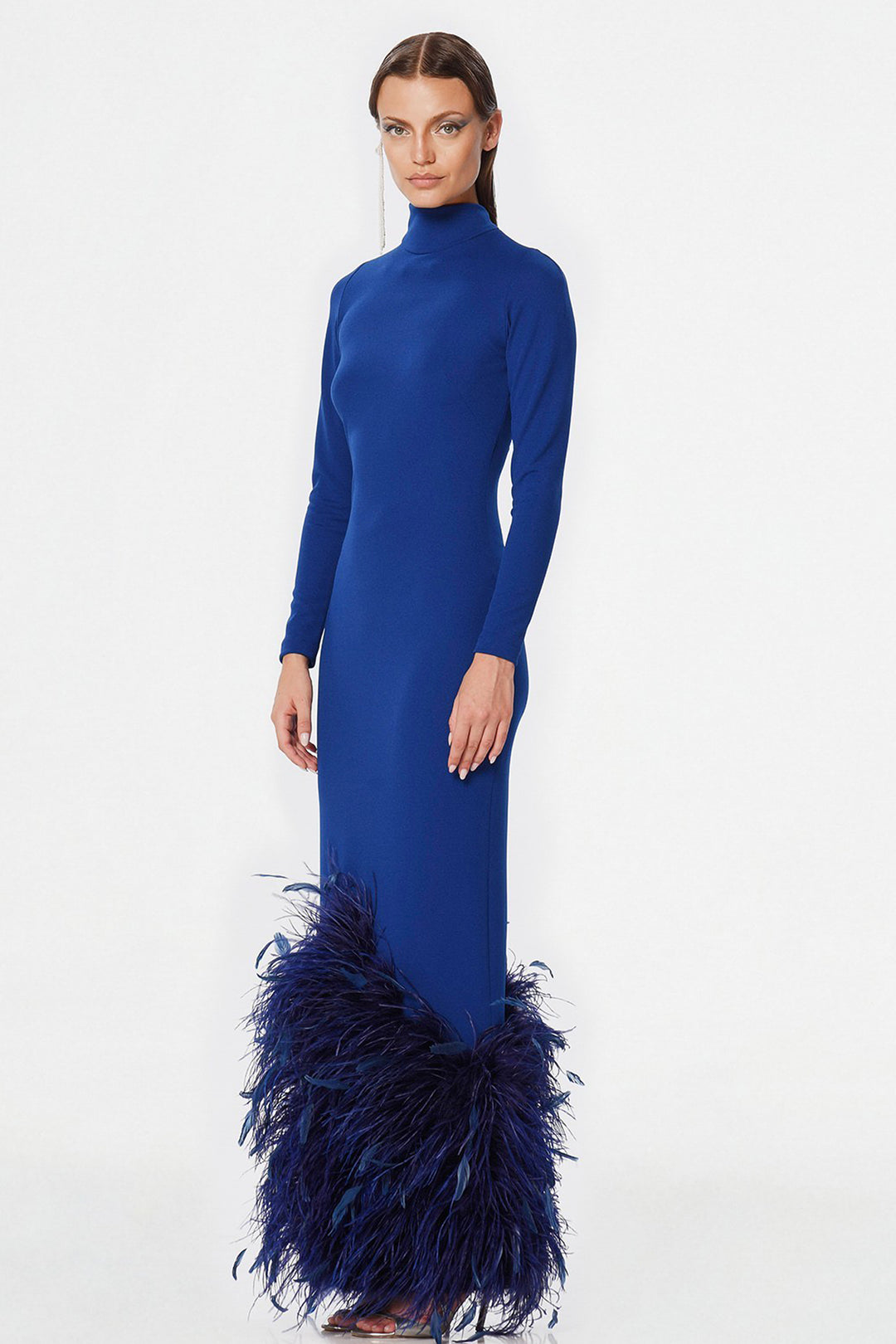 Long Dress with High Neck and Feather Hem
