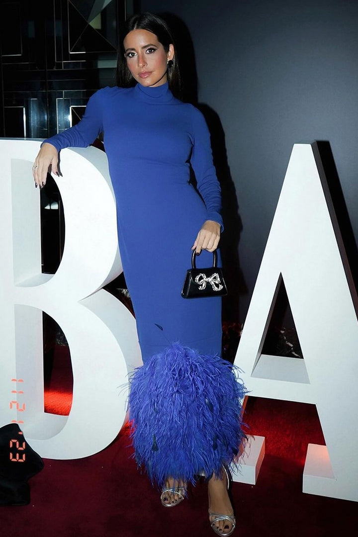 Long Dress with High Neck and Feather Hem